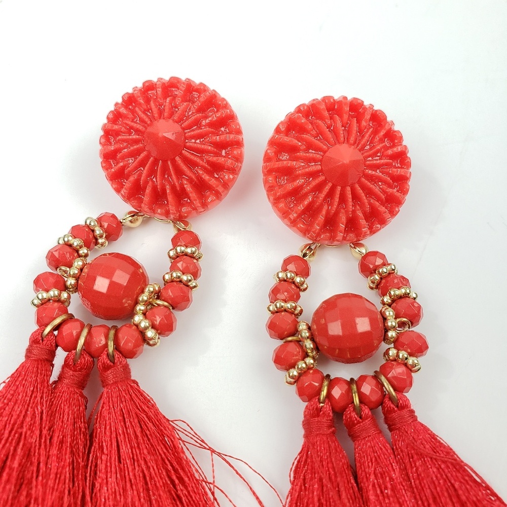 Red Boho Beaded Tassel Drop Earrings - Picture 3 of 6